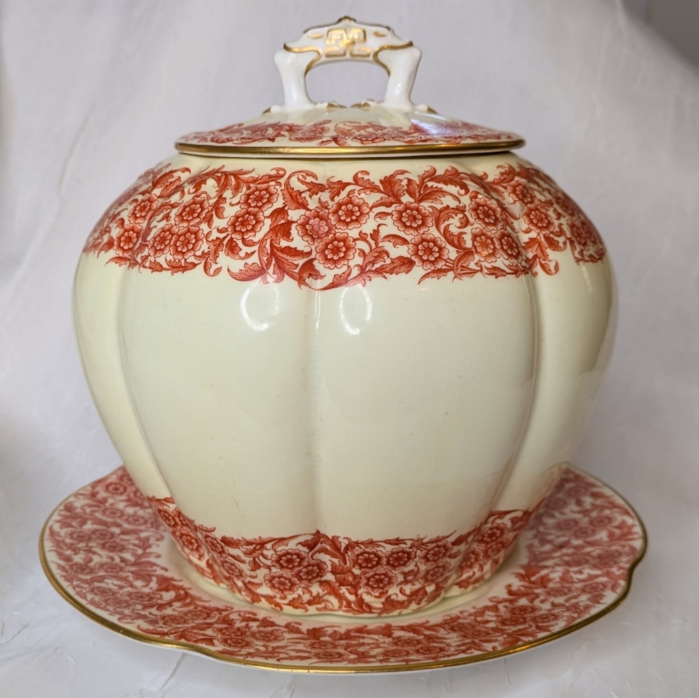 Vintage Royal Worcester Red And White Biscuit Jar With Plate